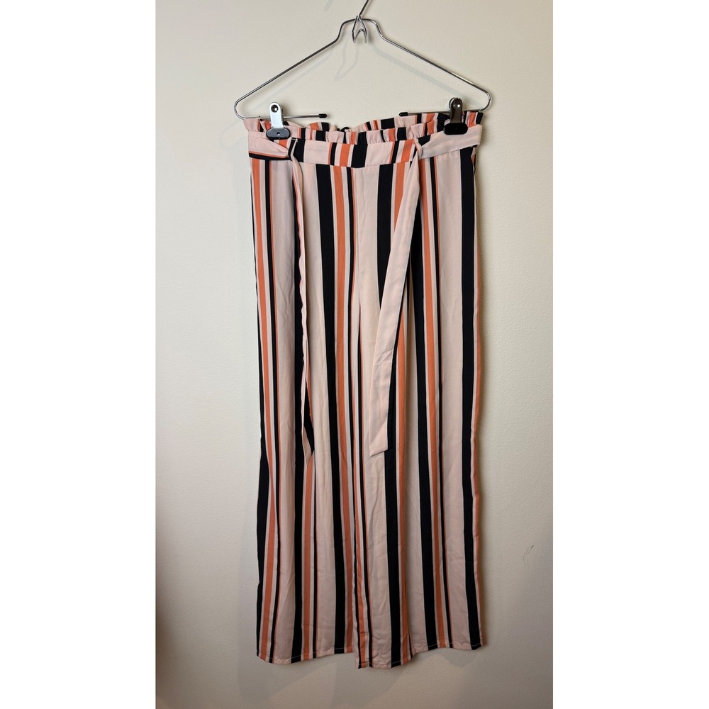 Forever 21 Contemporary Striped Wide Leg Paperbag Waist Pants Orange Black L